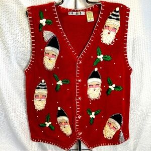 ONI Christmas Vest M Santa 3D Sparkles Red Vintage VTG EUC Tassels Queen ugly
